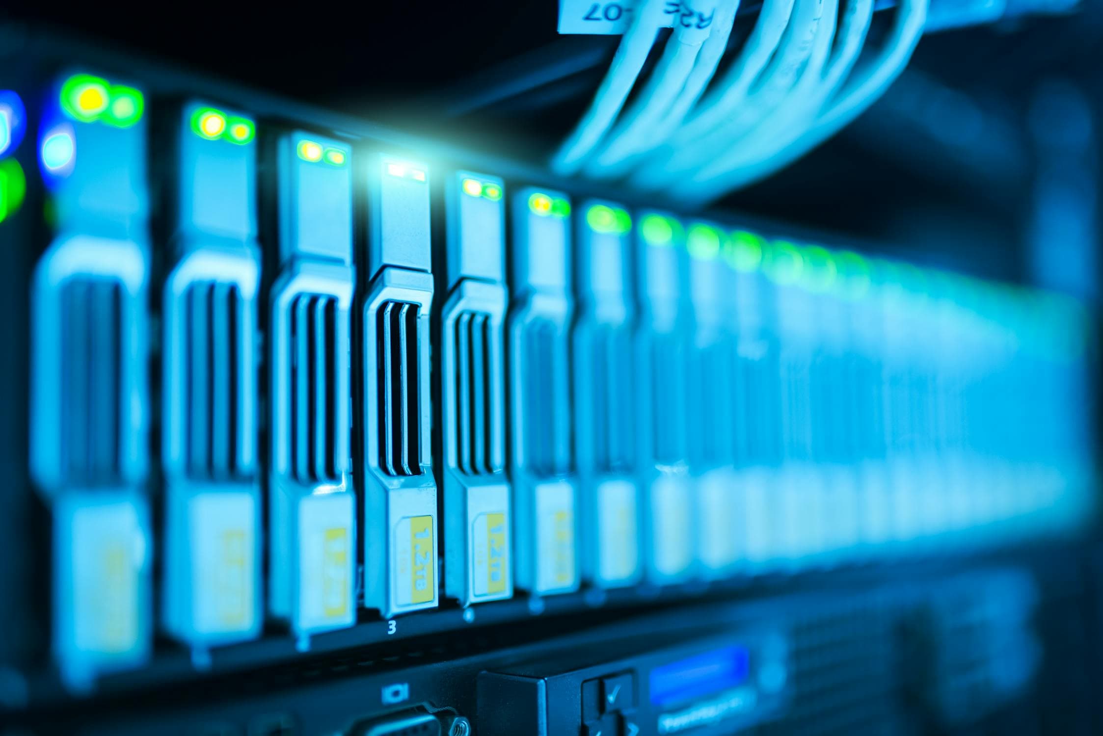 Modern data center server rack with blue lighting